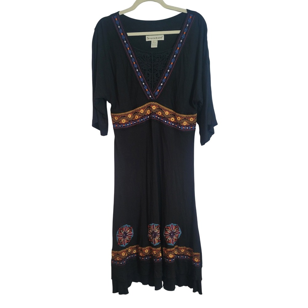 Seventh Avenue Black Embroidered Boho Midi Dress Crochet Lace V-Neck Large VTG